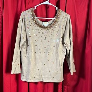 Talbots Tan Sweater with sequins low scoop neck front and back size L
